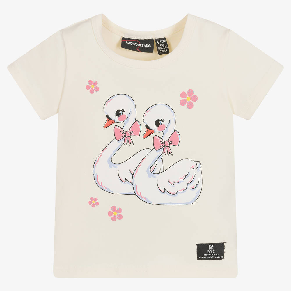Rock Your Baby - Baby Girls Ivory Cotton Swans T-Shirt | Childrensalon