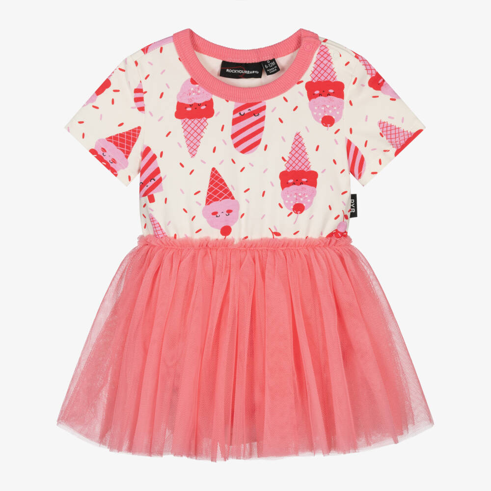 Rock Your Baby-Baby Girls Pink Cotton Jersey & Tulle Ice Cream Print Dress | Childrensalon Outlet