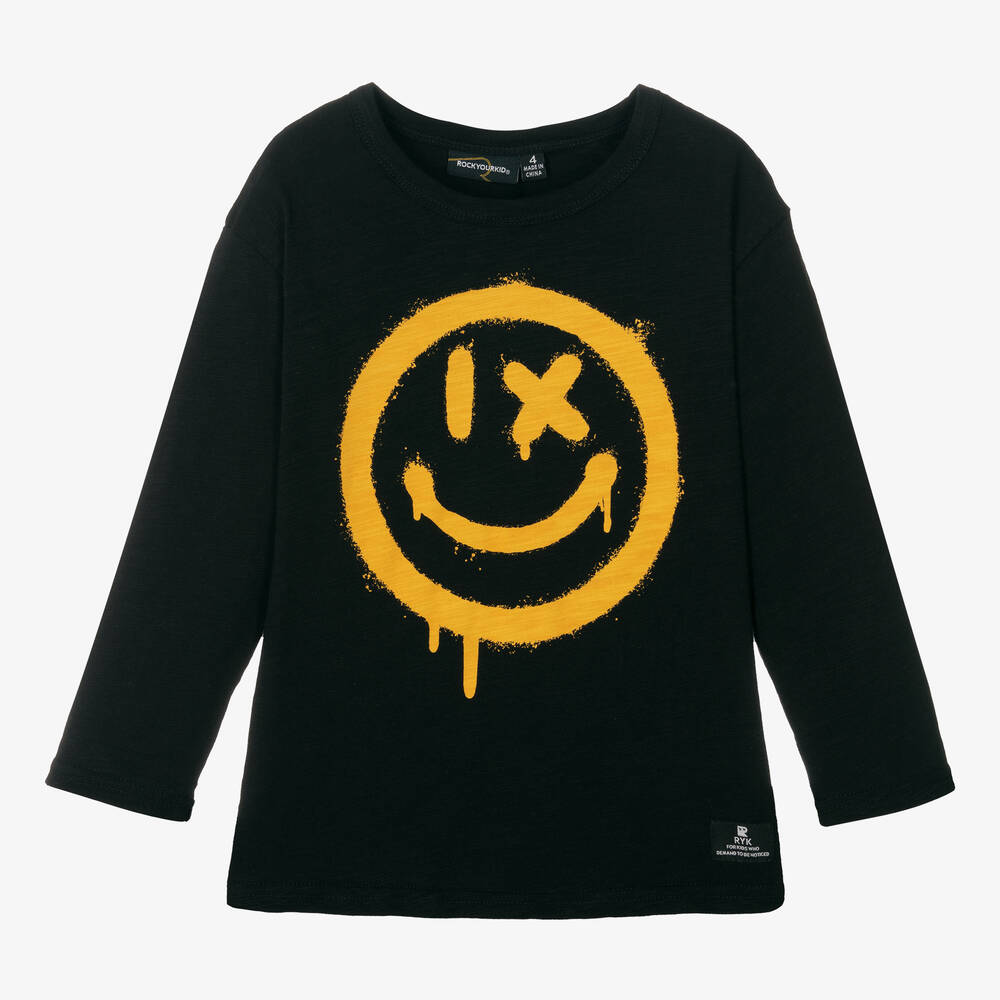 Rock Your Baby - Black Cotton Graffiti Smiling Face Top | Childrensalon