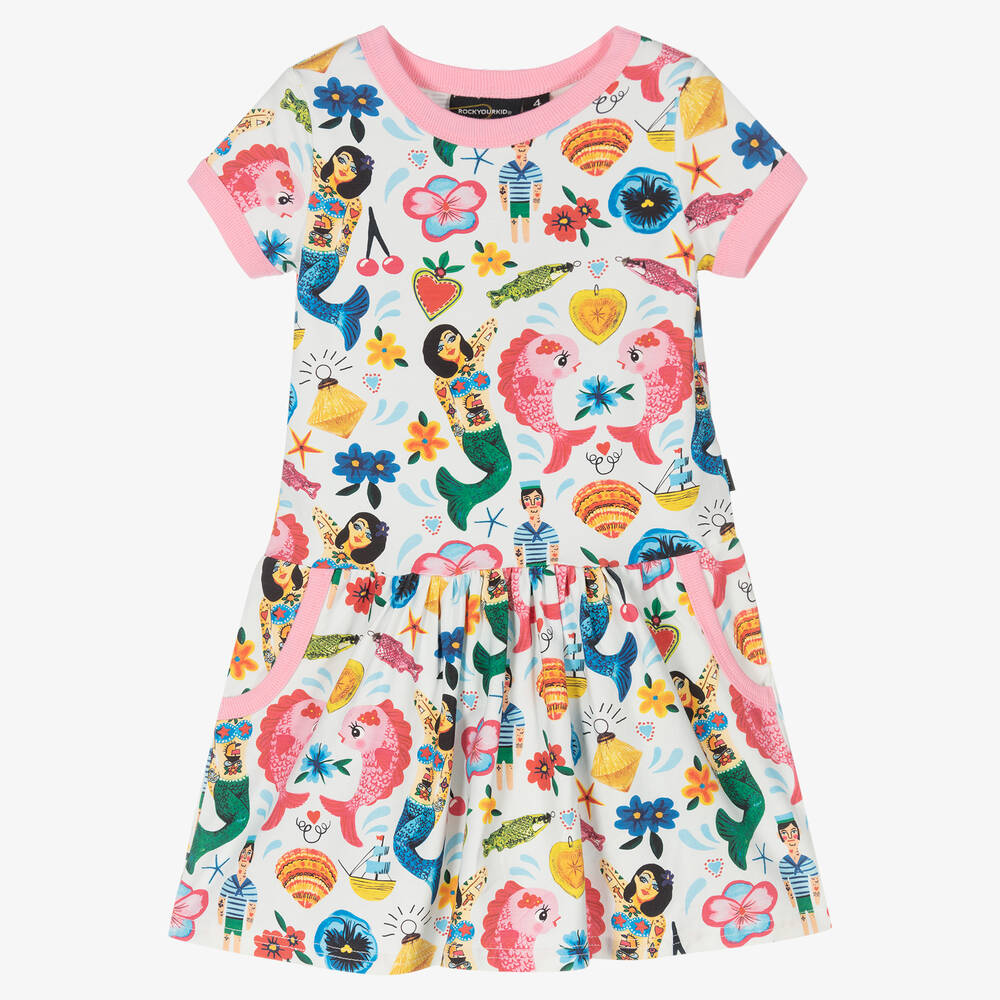 Rock Your Baby - Blue Cotton Mermaids Dress | Childrensalon