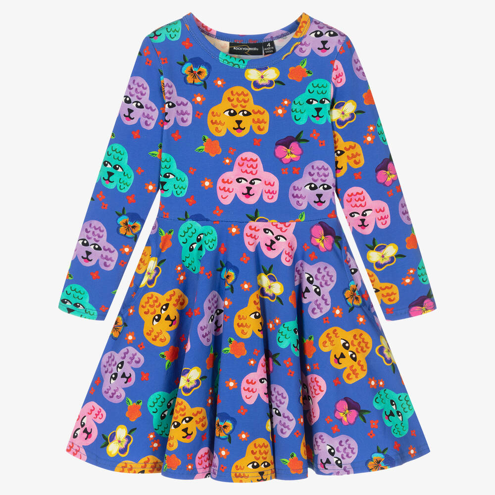 Rock Your Baby - Синее хлопковое платье с пуделями и цветами | Childrensalon
