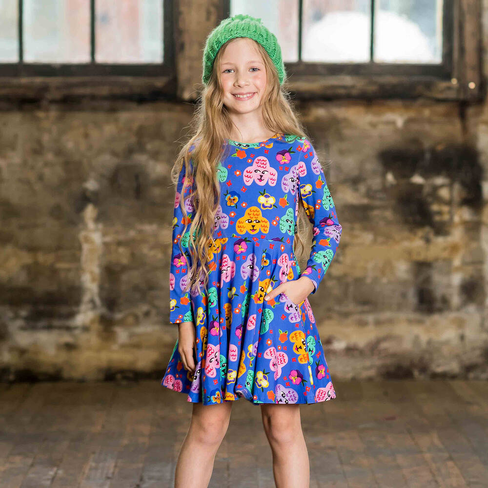 روك يور بيبي-فستان قطن جيرسي لون أزرق بطبعة ورود | Childrensalon Outlet