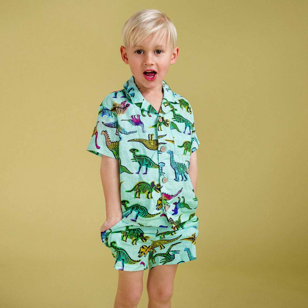 Rock Your Baby-Boys Aqua Blue Dinosaur Print Shirt | Childrensalon Outlet