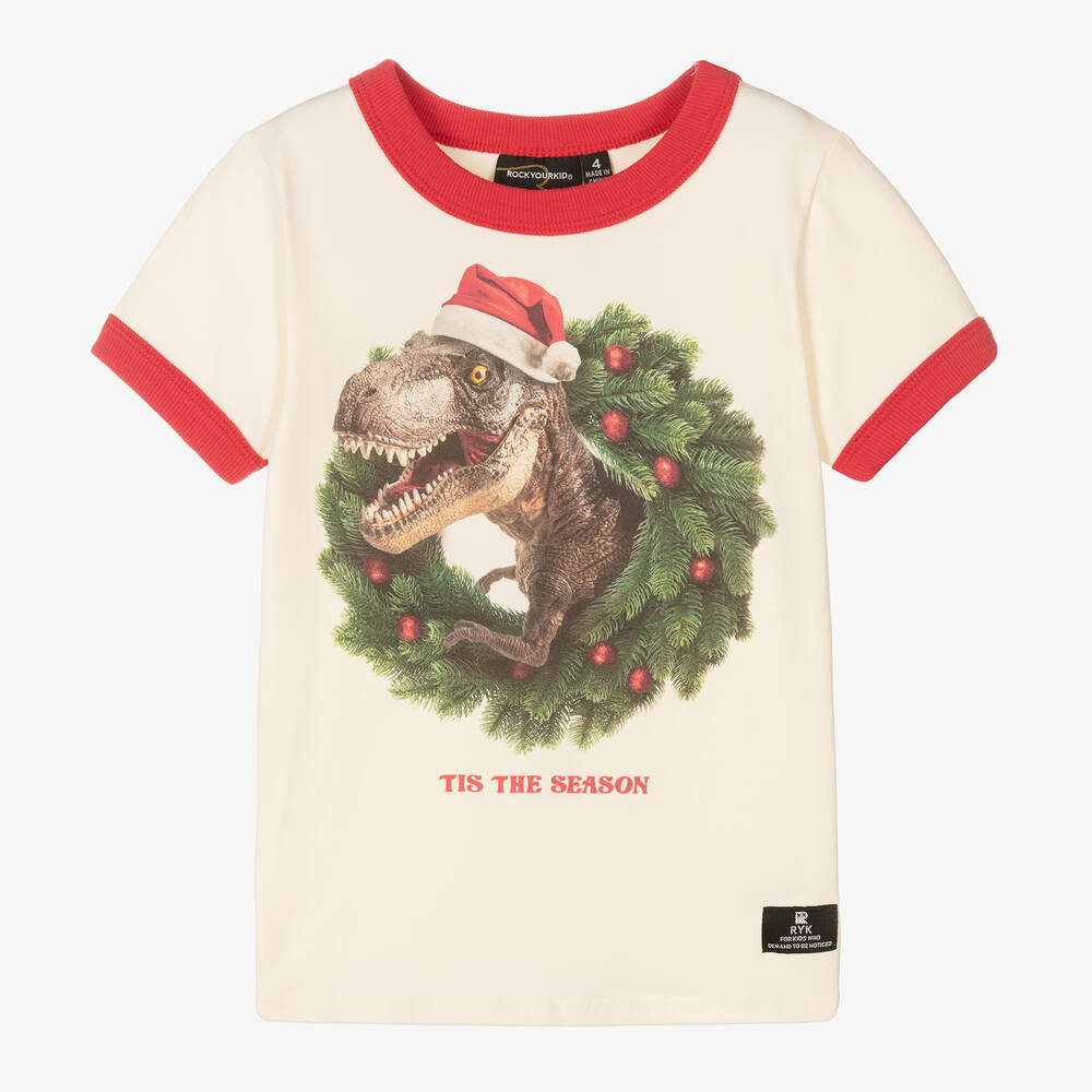 Rock Your Baby - T-Shirt mit Schriftzug „Tis The Season“ aus elfenbeinfarbener Baumwolle für Jungen | Childrensalon