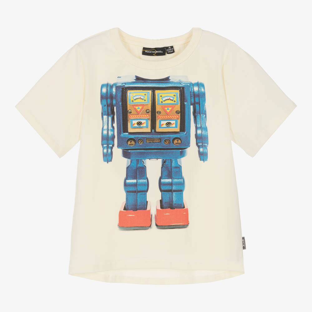 Rock Your Baby-Boys Ivory Robot Cotton T-Shirt | Childrensalon Outlet