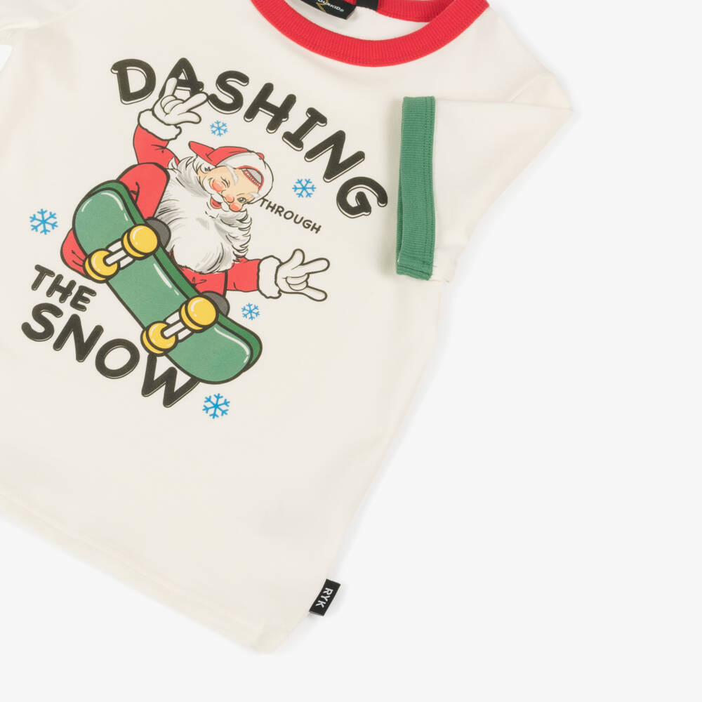 روك يور بيبي-تيشيرت بطبعة سانتا على لوح تزلج قطن لون عاجي | Childrensalon Outlet