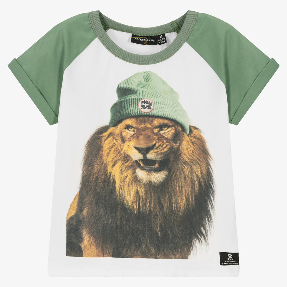Rock Your Baby - Бело-зеленая футболка со львом | Childrensalon