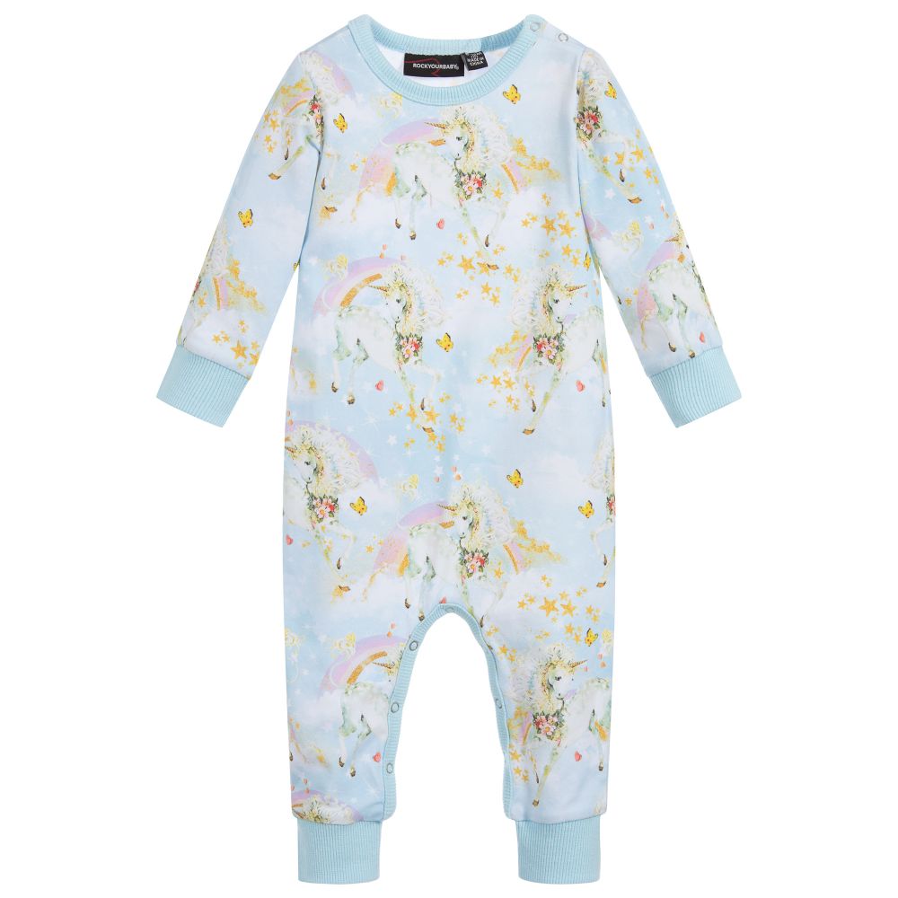 Rock Your Baby - أوفرول رومبر قطن جيرسي لون أزرق بطبعة ملونة للمولودات | Childrensalon