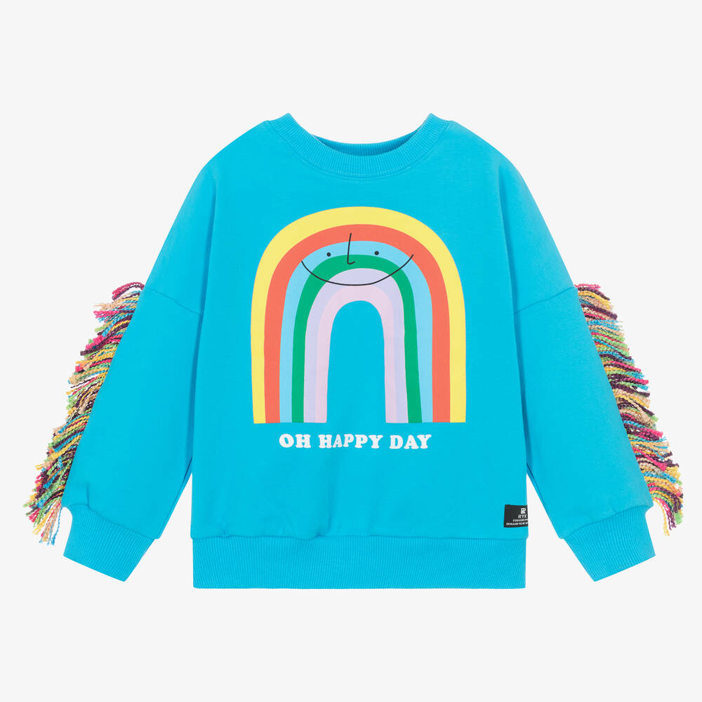Rock Your Baby - Girls Blue Cotton Rainbow Sweatshirt | Childrensalon
