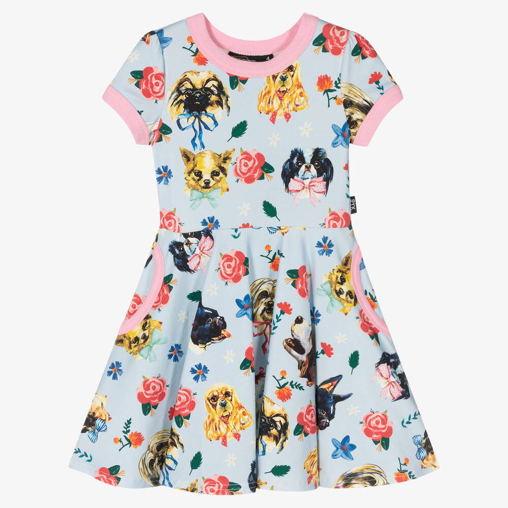 Rock Your Baby - Girls Blue Pups Cotton Dress | Childrensalon