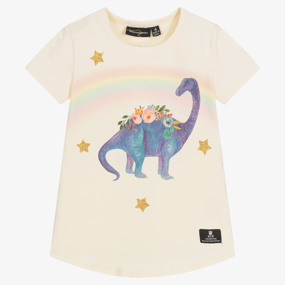 Rock Your Baby - Girls Ivory Cotton Bouquet Dinosaur T-Shirt | Childrensalon