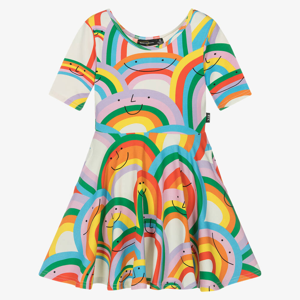 Rock Your Baby - Girls Ivory Cotton Happy Rainbows Dress | Childrensalon