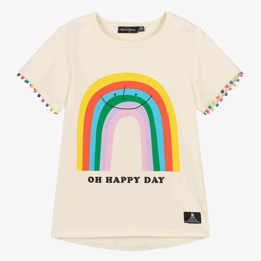 Rock Your Baby - Girls Ivory Cotton Rainbow T-Shirt | Childrensalon