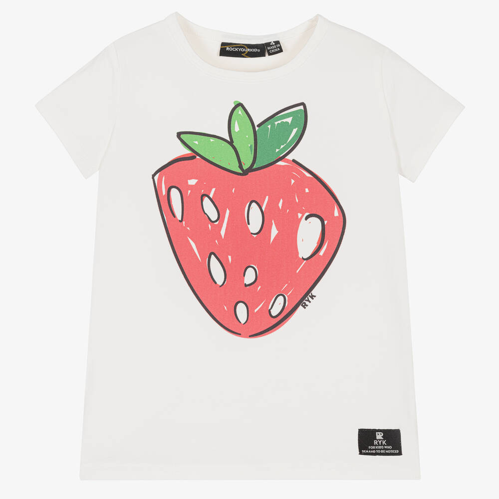 Rock Your Baby - Girls Ivory Cotton Strawberry T-Shirt | Childrensalon