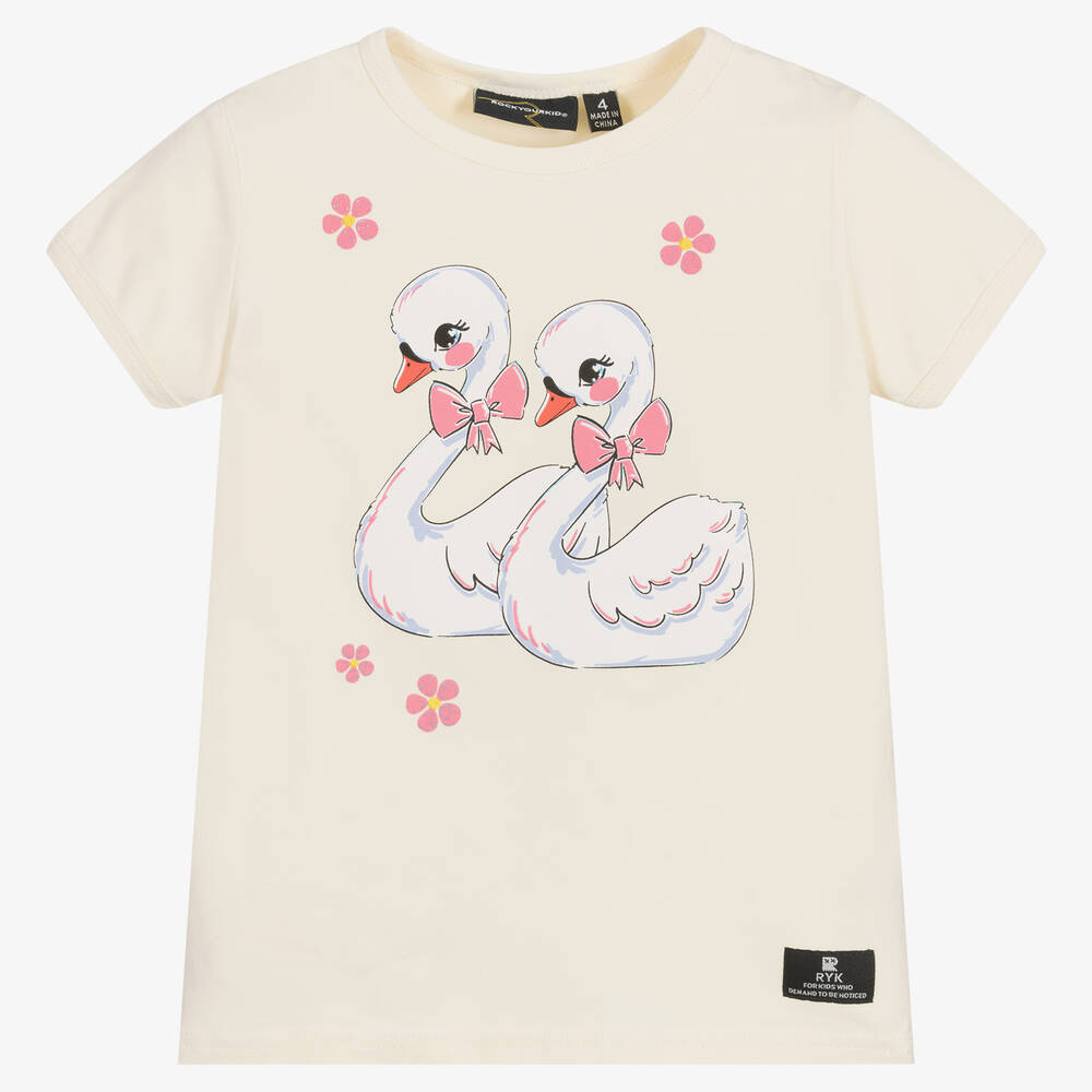 Rock Your Baby - Girls Ivory Cotton Swans T-Shirt | Childrensalon