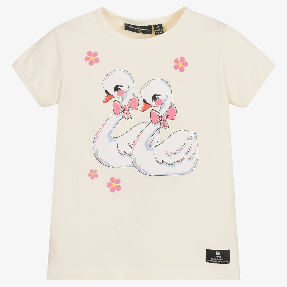 Rock Your Baby-Girls Ivory Cotton Swans T-Shirt | Childrensalon Outlet