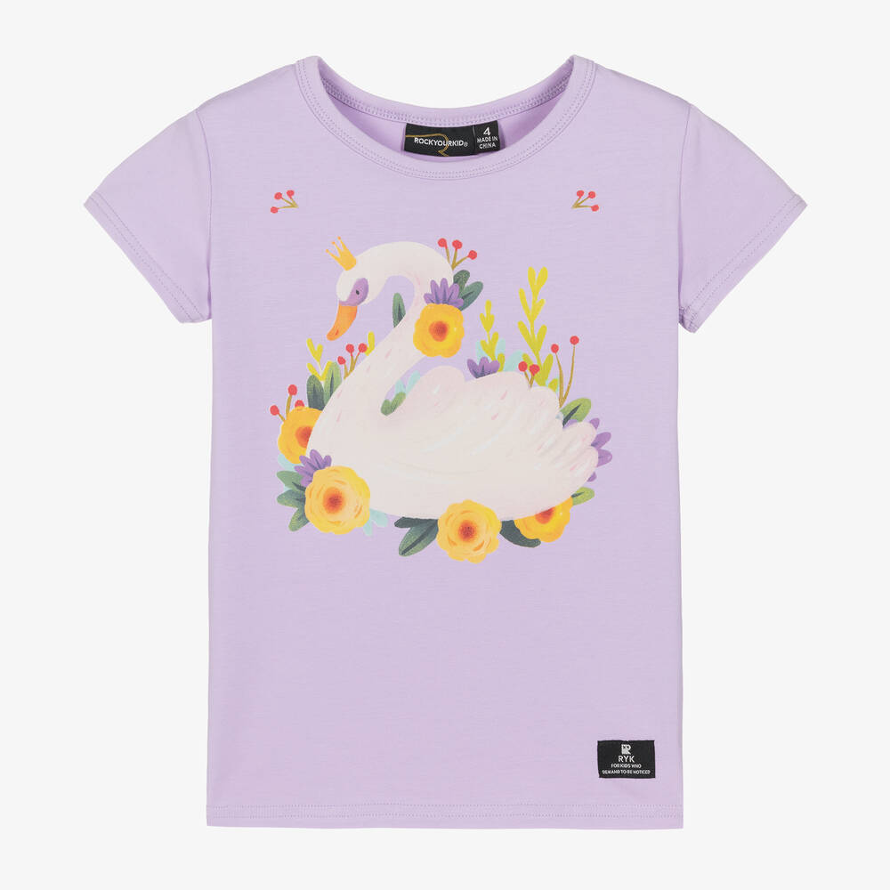 Rock Your Baby - Girls Lilac Purple Cotton Swan T-Shirt | Childrensalon