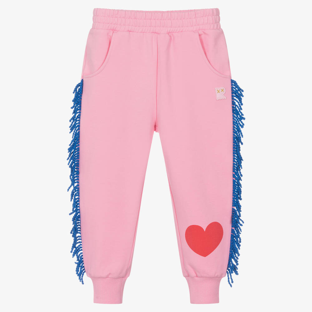 Girls Pink Blue Cotton Fringe Joggers