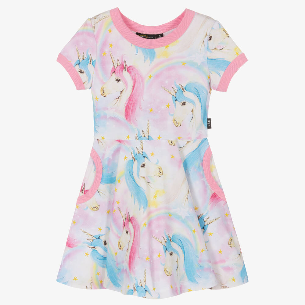 Rock Your Baby - Girls Pink & Blue Cotton Unicorn Dress | Childrensalon