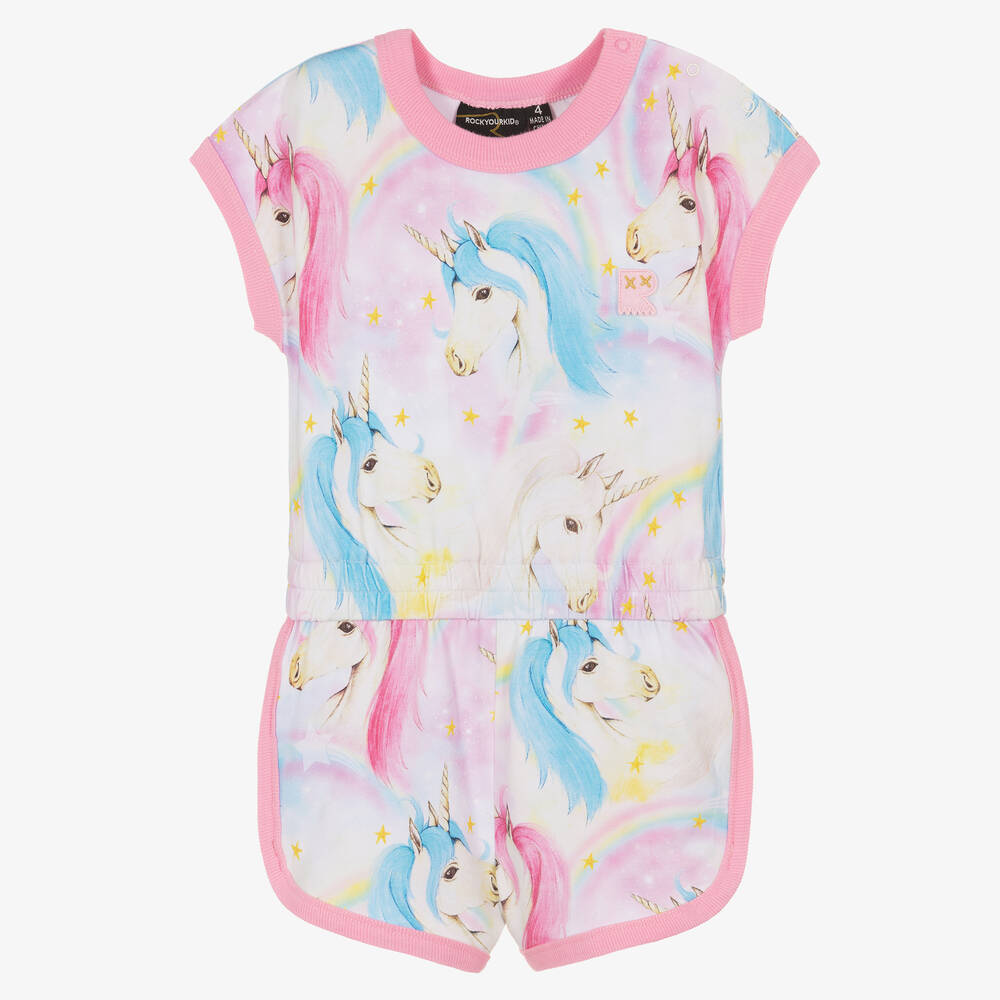 Rock Your Baby - Girls Pink & Blue Cotton Unicorn Playsuit | Childrensalon