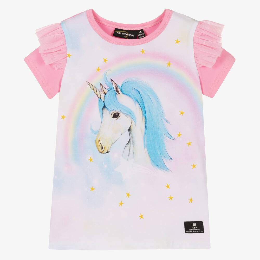 Rock Your Baby - Girls Pink & Blue Cotton Unicorn T-Shirt | Childrensalon