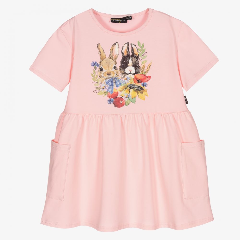 Rock Your Baby - Розовое платье с кроликами с бантиками для девочек | Childrensalon