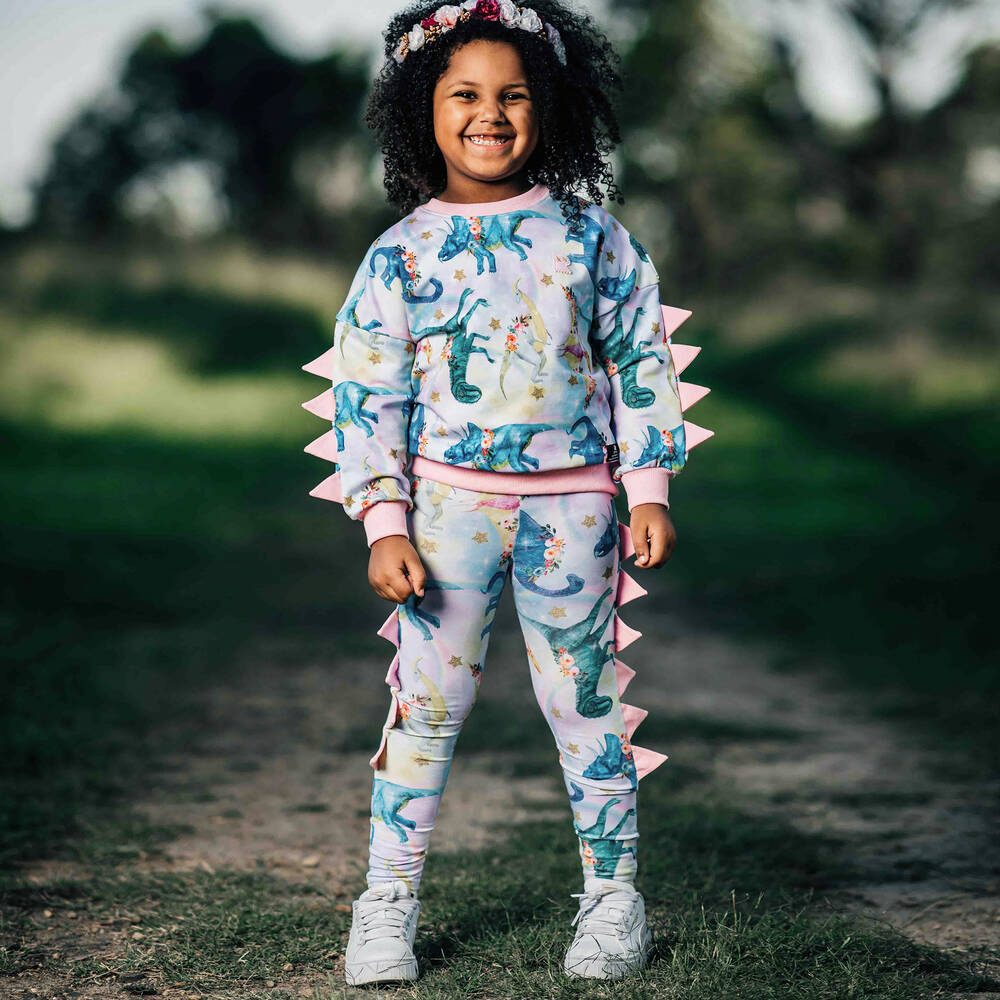 ROCK YOUR BABY Girls Pink Cotton Dinosaur Parade Leggings