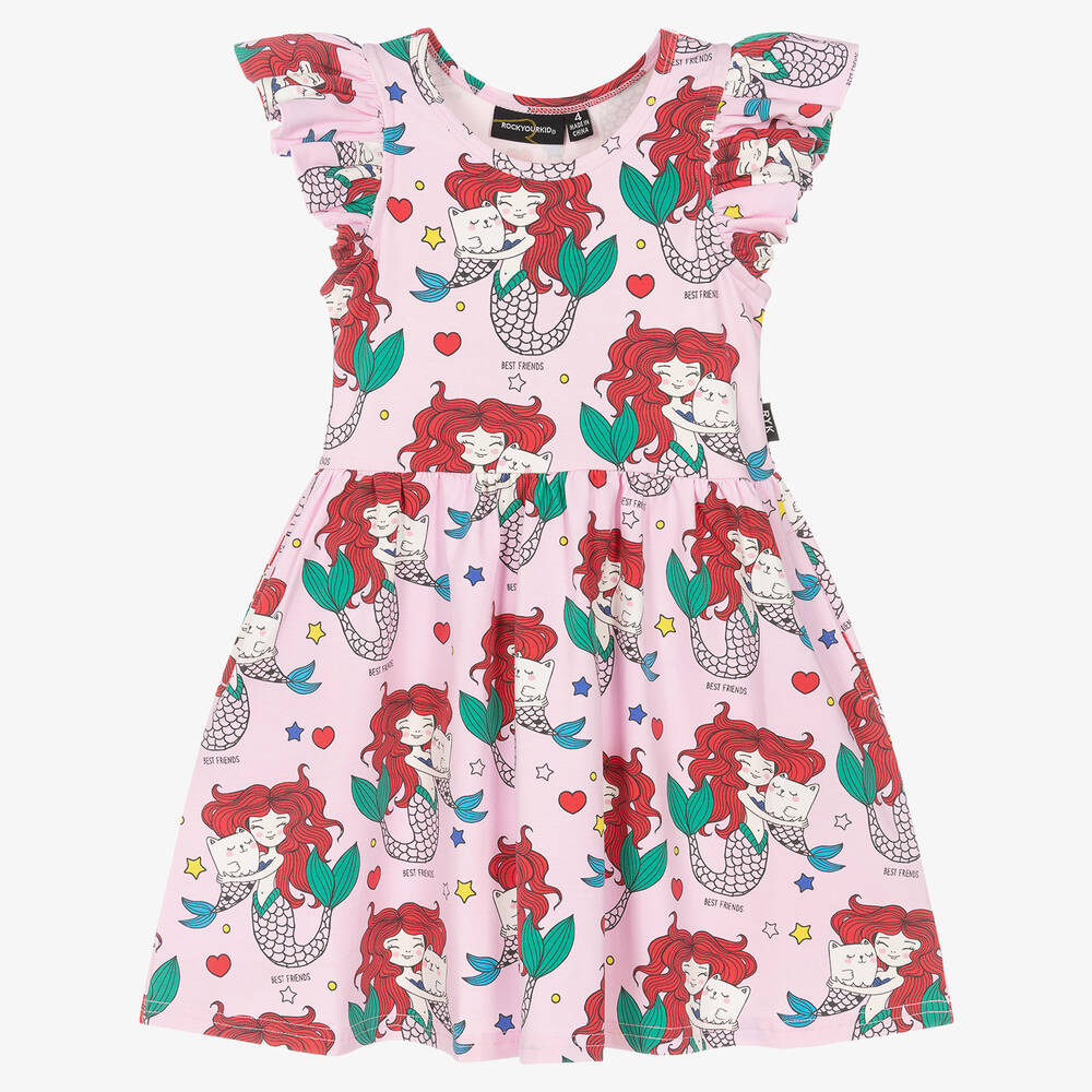Rock Your Baby - Girls Pink Cotton Mermaid Friends Dress  | Childrensalon