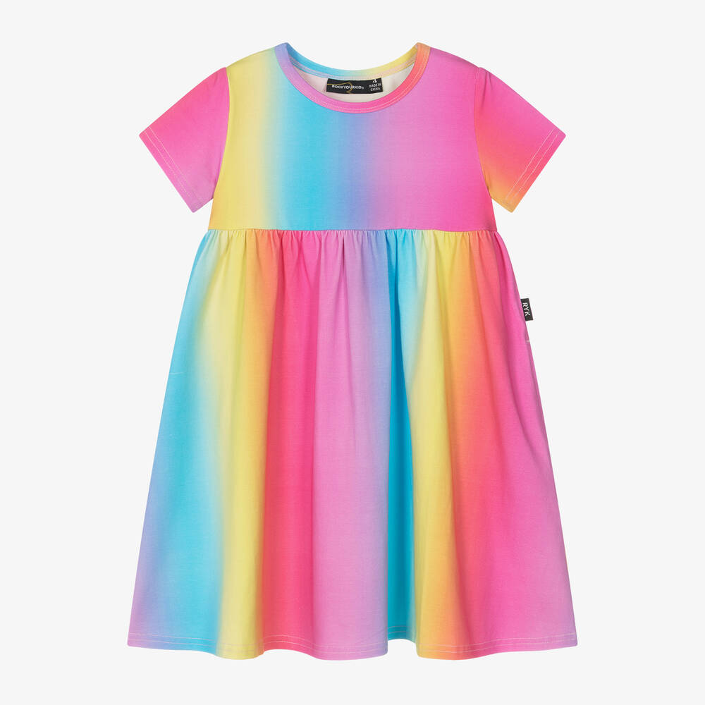 Girls Pink Cotton Rainbow Dress