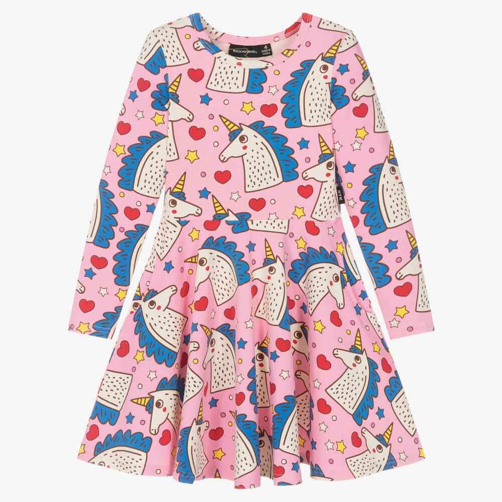 Rock Your Baby - Girls Pink Cotton Unicorn Magic Dress | Childrensalon