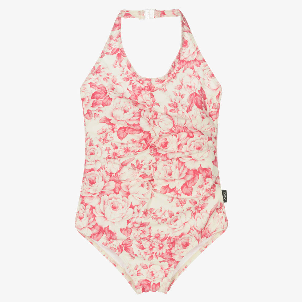 Rock Your Baby - Girls Pink Floral Toile Swimsuit (UPF50+) | Childrensalon