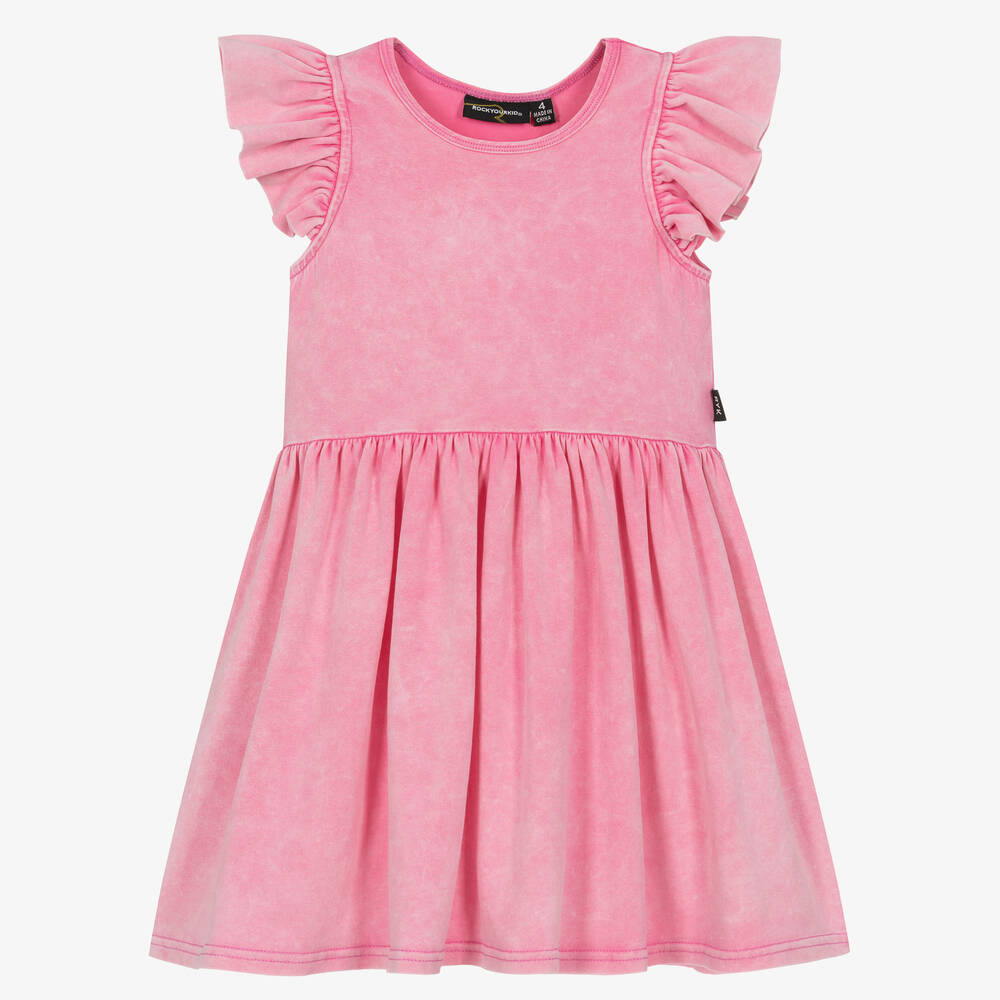 Rock Your Baby - Girls Pink Flutter Sleeve Cotton Dress | Childrensalon