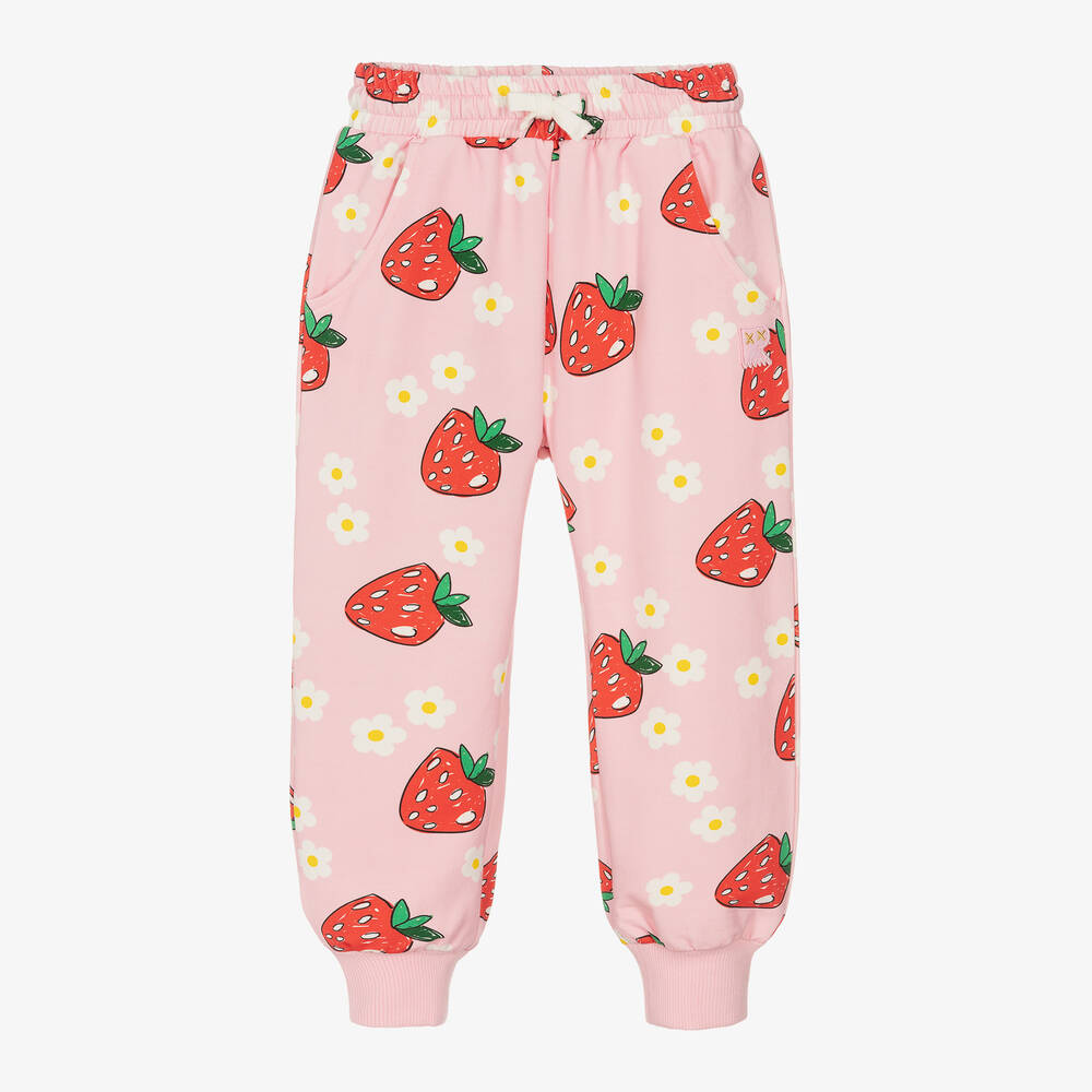 Girls Pink Red Cotton Strawberry Joggers
