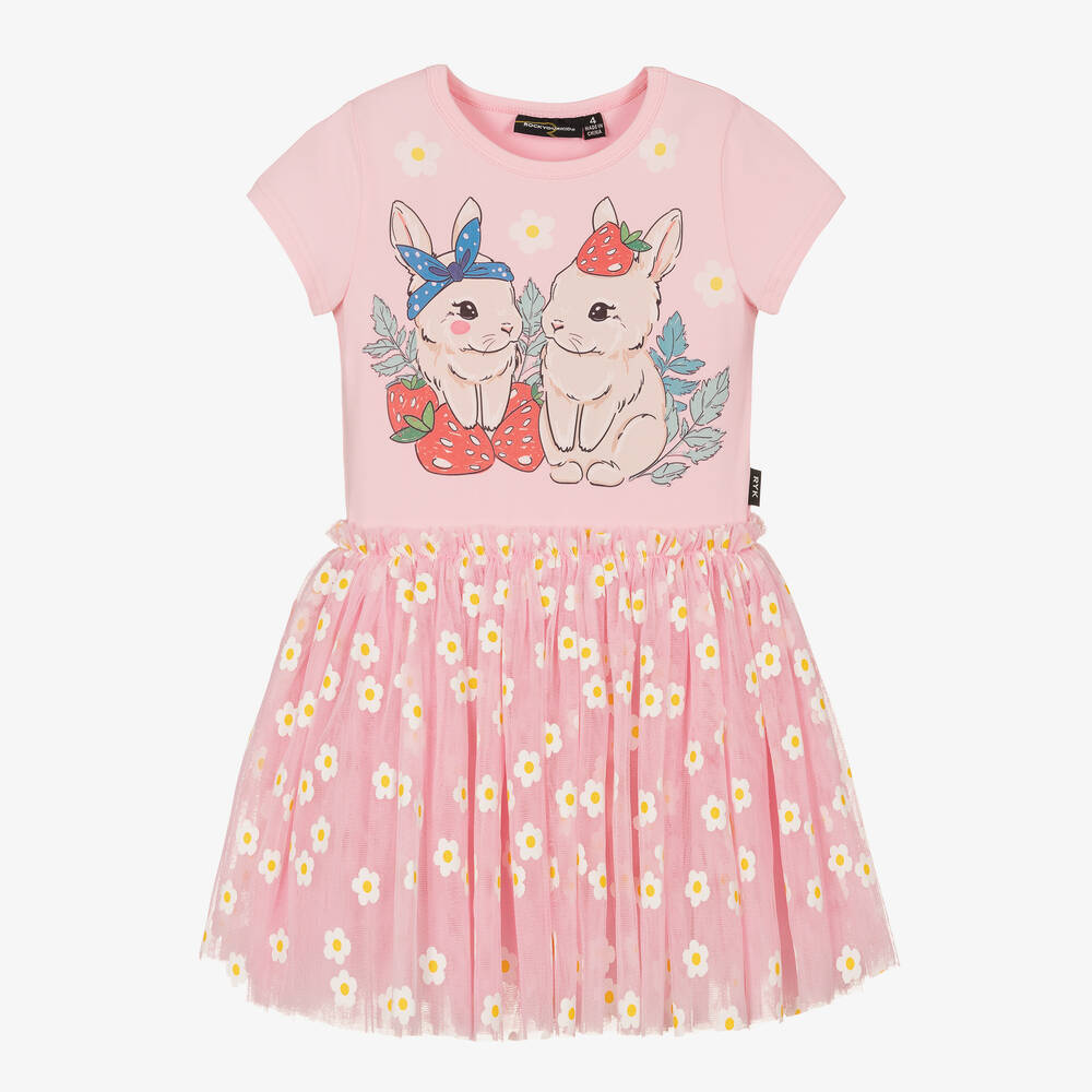 Rock Your Baby - Розовое хлопковое платье с клубникой и кроликами | Childrensalon