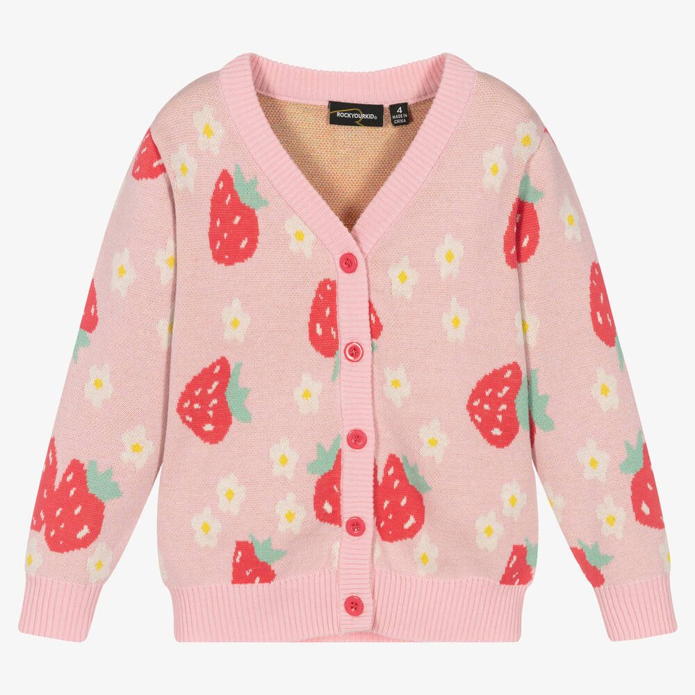Rock Your Baby - Girls Pink Strawberry Cotton Cardigan | Childrensalon