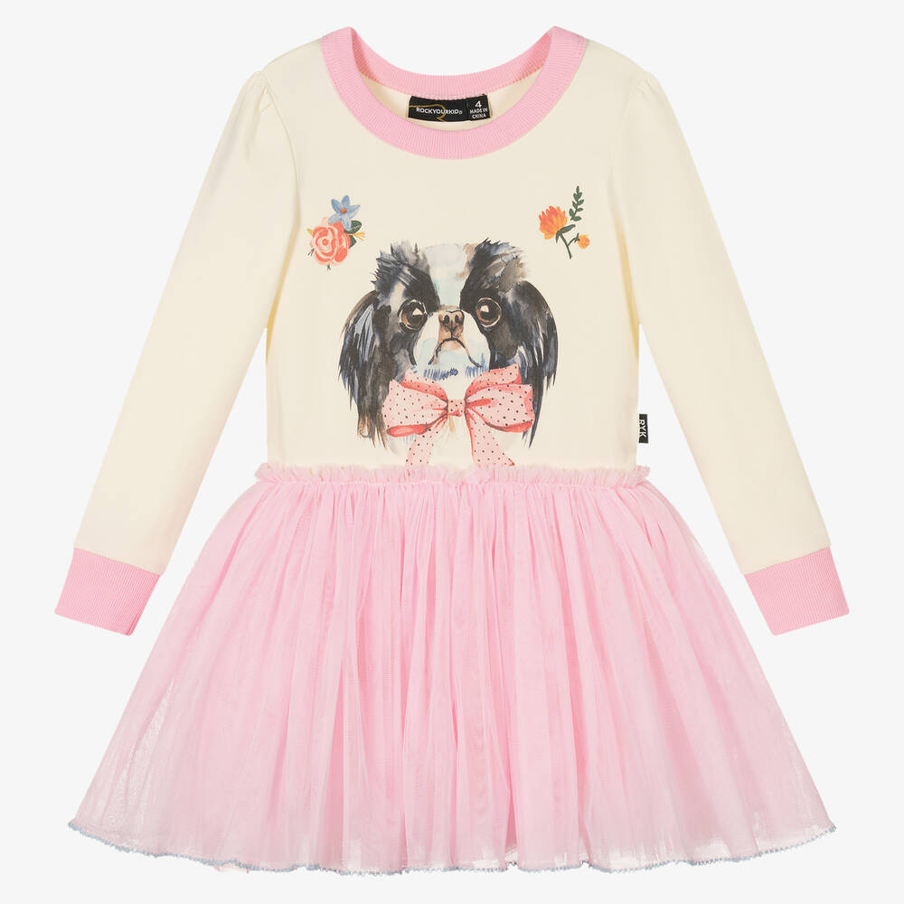 Rock Your Baby-فستان قطن جيرسي وتول لون عاجي وزهري | Childrensalon Outlet