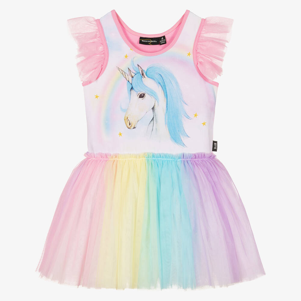 Rock Your Baby - Girls Rainbow Unicorn Cotton & Tulle Dress | Childrensalon