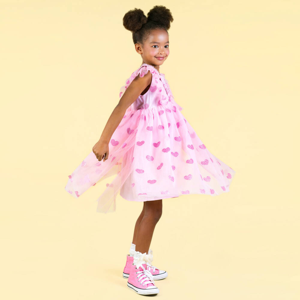 روك يور بيبي-فستان بقلوب تول لون زهري براق | Childrensalon Outlet