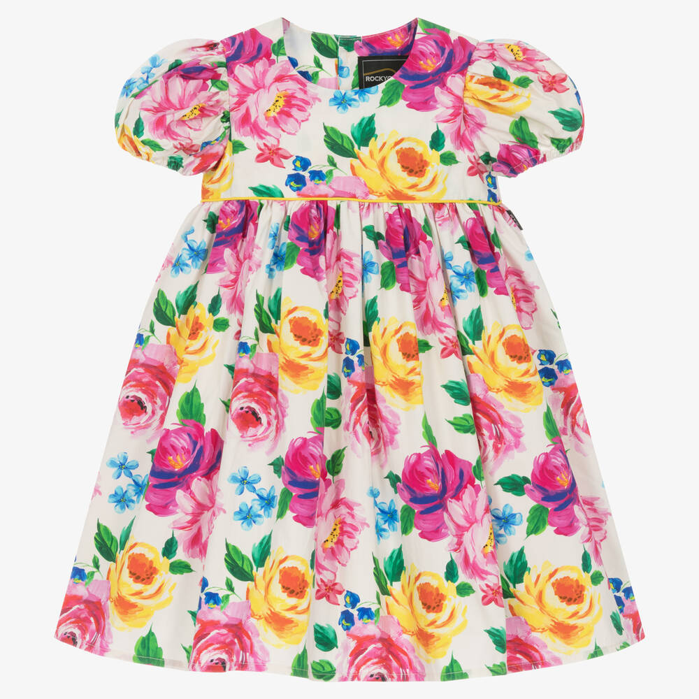 Rock Your Baby - فستان بطبعة ورود قطن بوبلين لون أبيض وزهري | Childrensalon