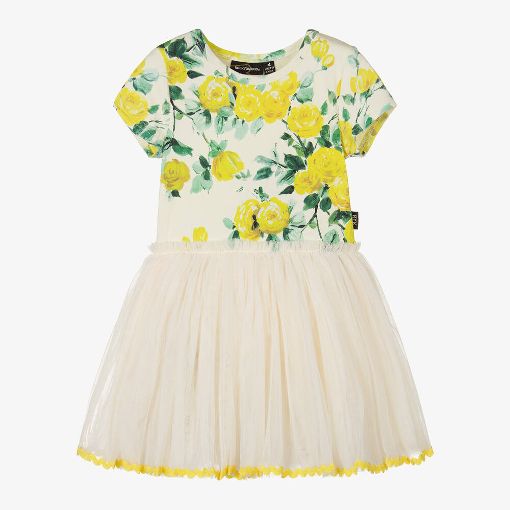 Rock Your Baby-Girls Yellow Cotton & Tulle Rose Dress | Childrensalon Outlet