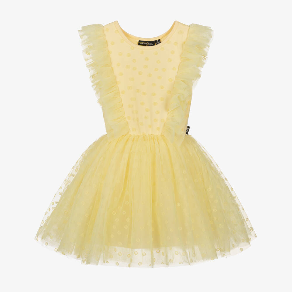 Rock Your Baby-Girls Yellow Flocked Floral Tulle Dress | Childrensalon Outlet
