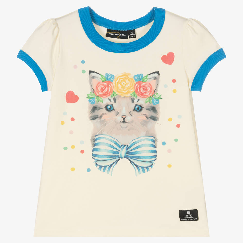 Rock Your Baby - Кремовая хлопковая футболка с котенком | Childrensalon