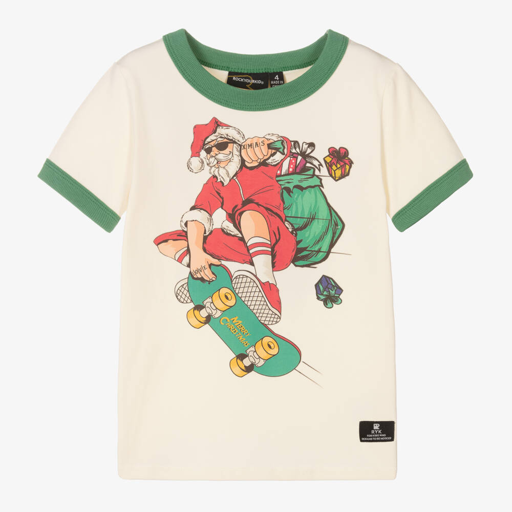 Rock Your Baby-Ivory Cotton Skate Santa T-Shirt | Childrensalon Outlet