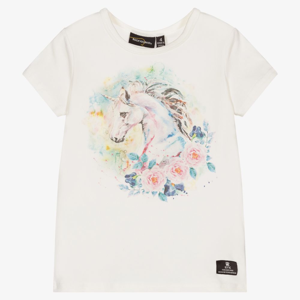 Rock Your Baby - Elfenbeinfarbenes Einhorn-T-Shirt mit Blumen | Childrensalon