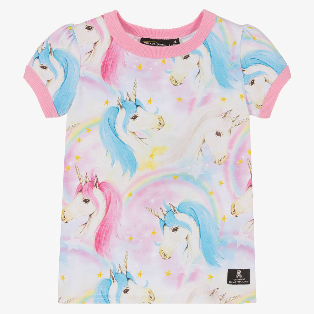 Rock Your Baby - Pink Cotton Unicorn & Rainbow T-Shirt | Childrensalon