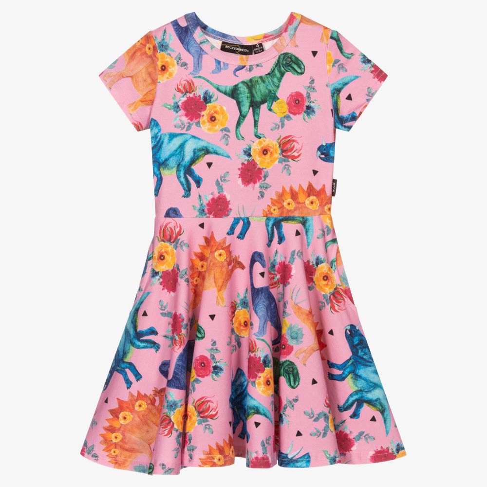 Rock Your Baby - Розовое платье в цветами и динозаврами | Childrensalon