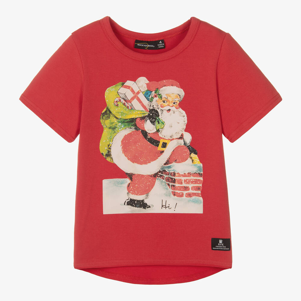 Rock Your Baby - Красная хлопковая футболка с Санта-Клаусом | Childrensalon