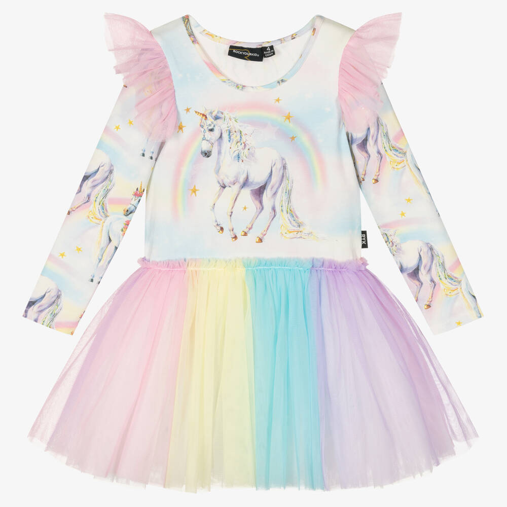 Rock Your Baby-فستان أطفال بناتي قطن جيرسي وتول بطبعة ملونة | Childrensalon Outlet