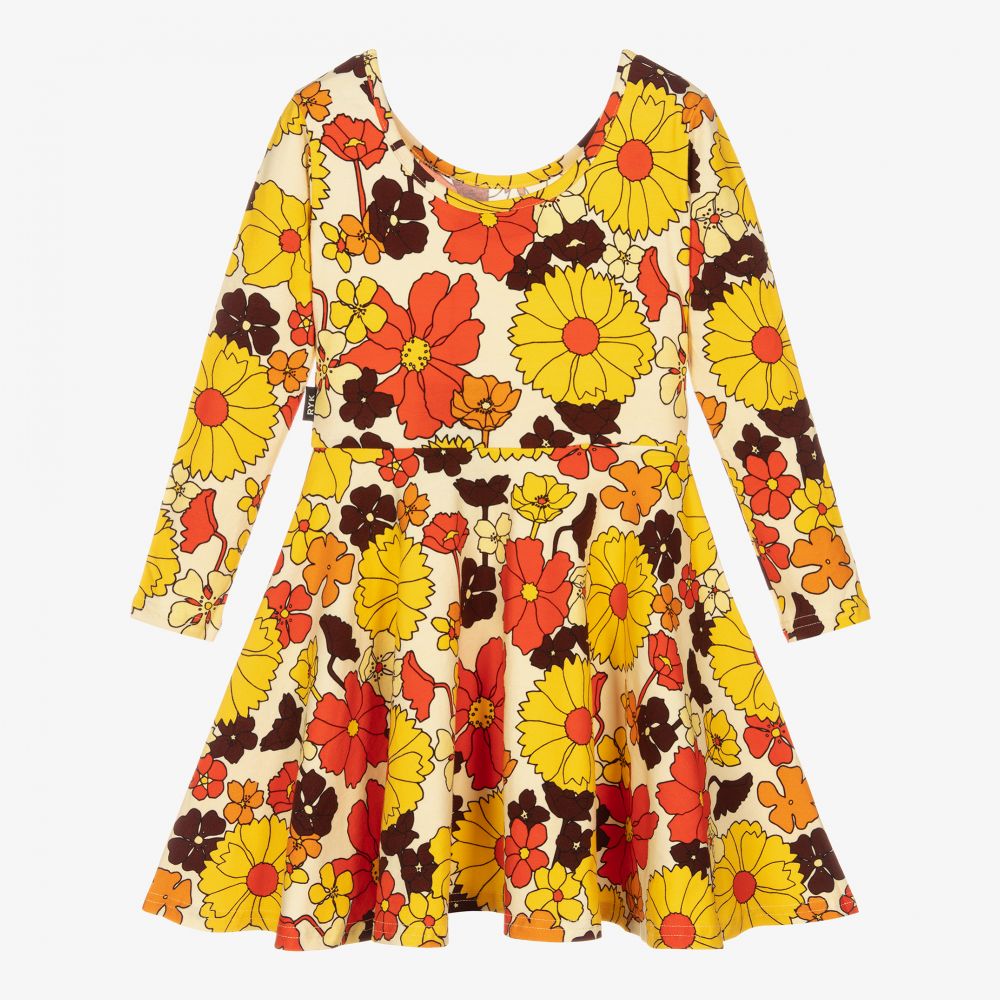 روك يور بيبي-فستان قطن جيرسي لون أصفر بطبعة ورود | Childrensalon Outlet