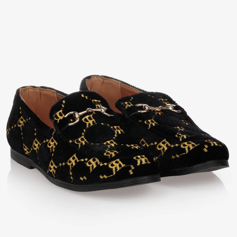 Romano - Black & Gold Velvet Loafers | Childrensalon